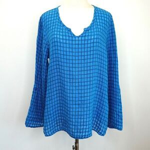 Flax Blue Linen Long Sleeve Lagenlook Check Top - S - Great Condition